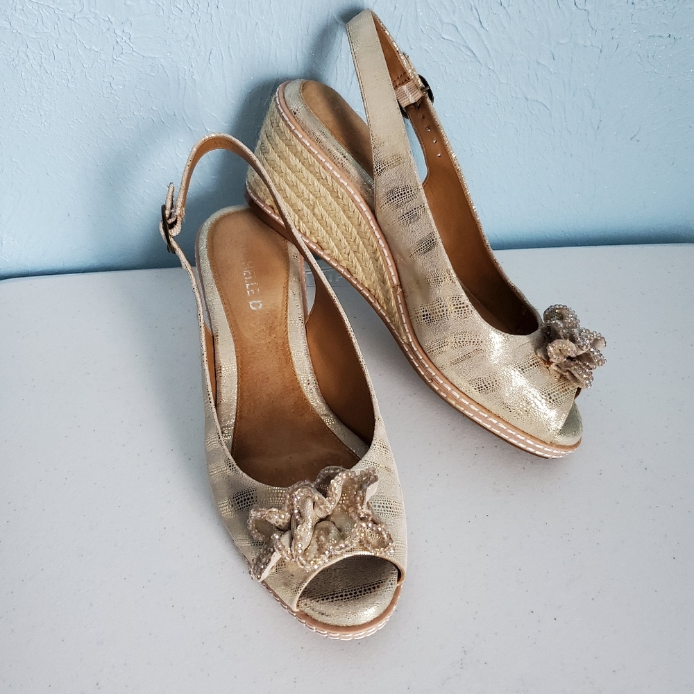 Michelle D gold peep toe wedge espadrille sandals